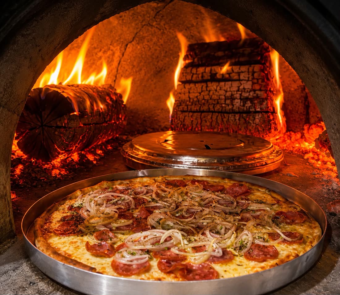 Pizza artesanal saindo do forno a lenha da Di Drayton Pizzas